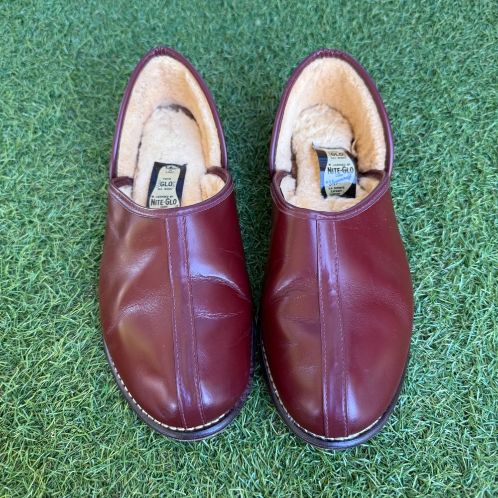 Vtg Nite-Glo Slippercraft Burgundy Leather Fur Lined Slippers Mens 9 Mid Century